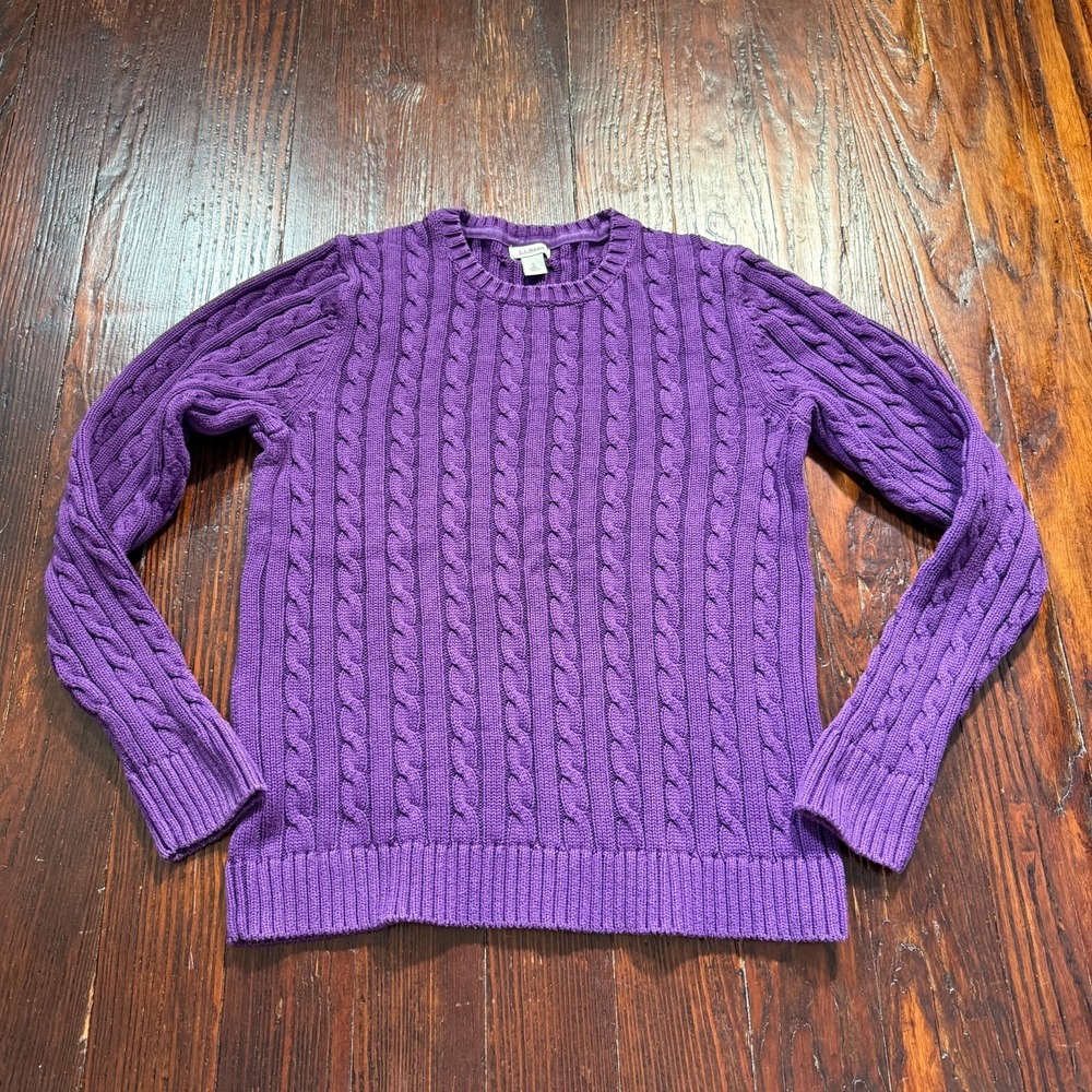 LL Bean Sweater Womens S Purple Cable Knit Pullover Grandpa Heavy Fisherman